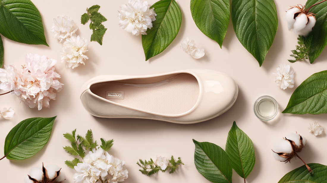 Premium Mini Melissa ayakkabı koleksiyonu, Melflex™ malzeme, çevre dostu ve vegan üretim, minimalist flatlay kompozisyon