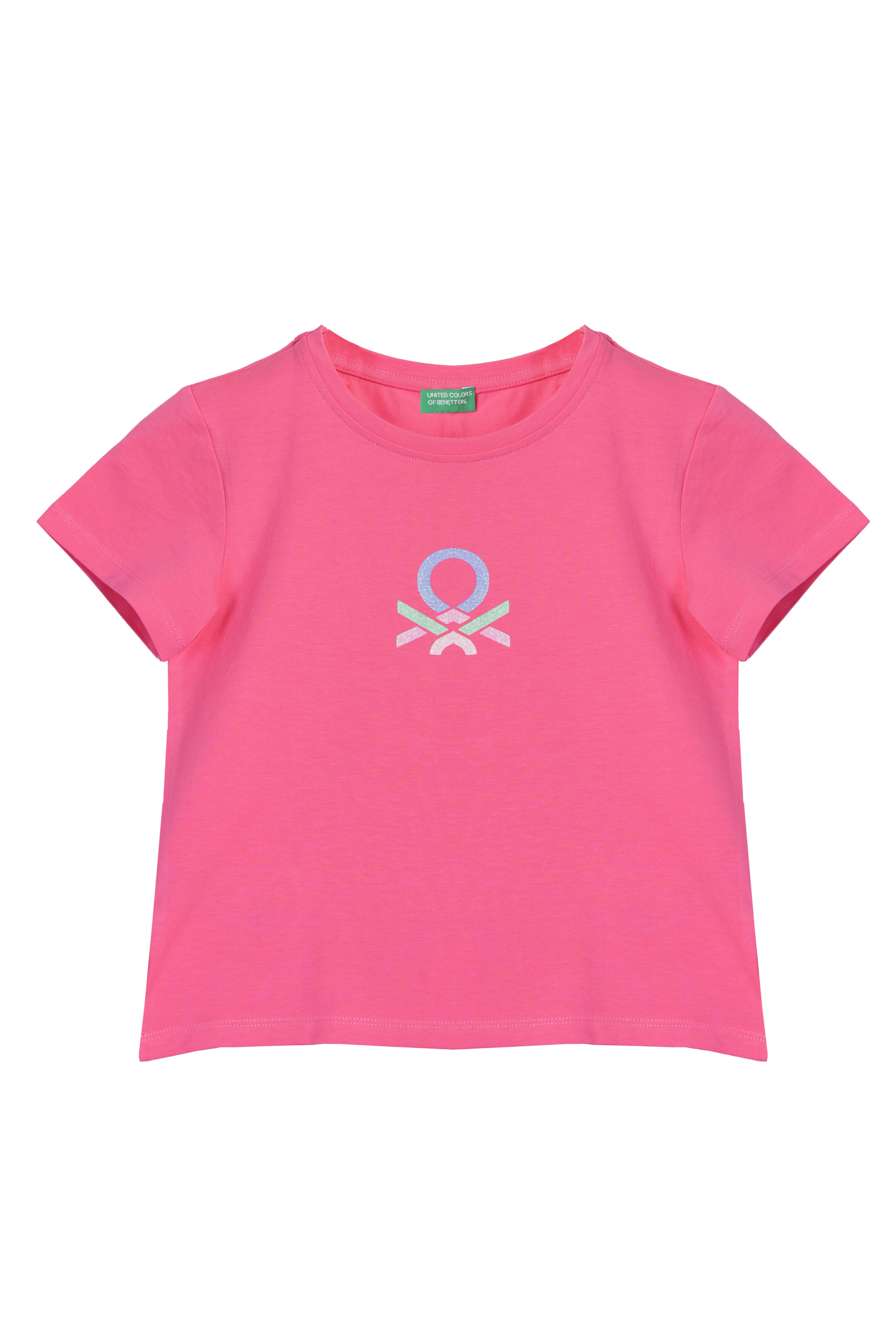 Benetton Parıltılı Logolu Pamuk Fuşya Pembe Tişört