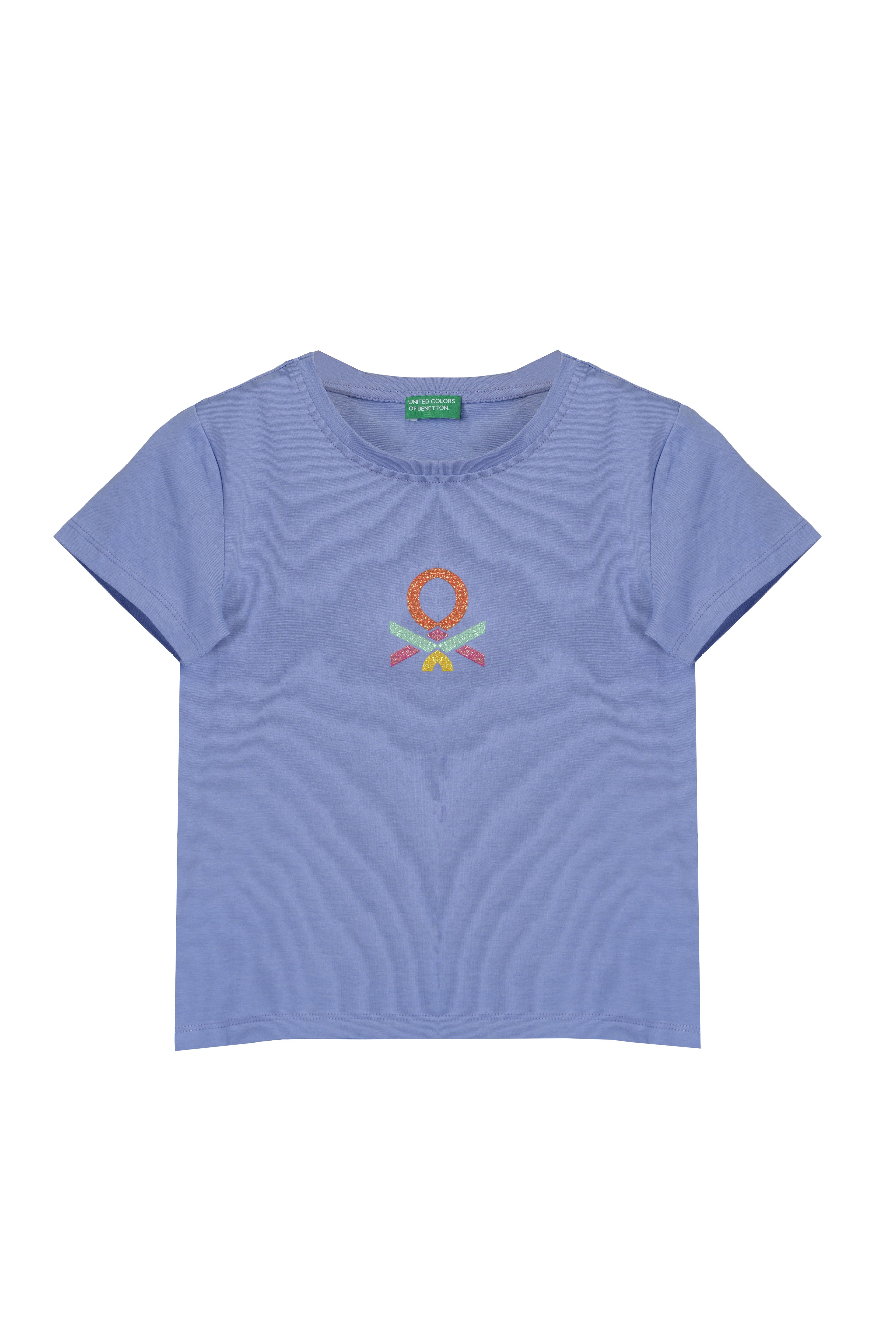 Benetton Parıltılı Logolu Pamuk Lila Tişört