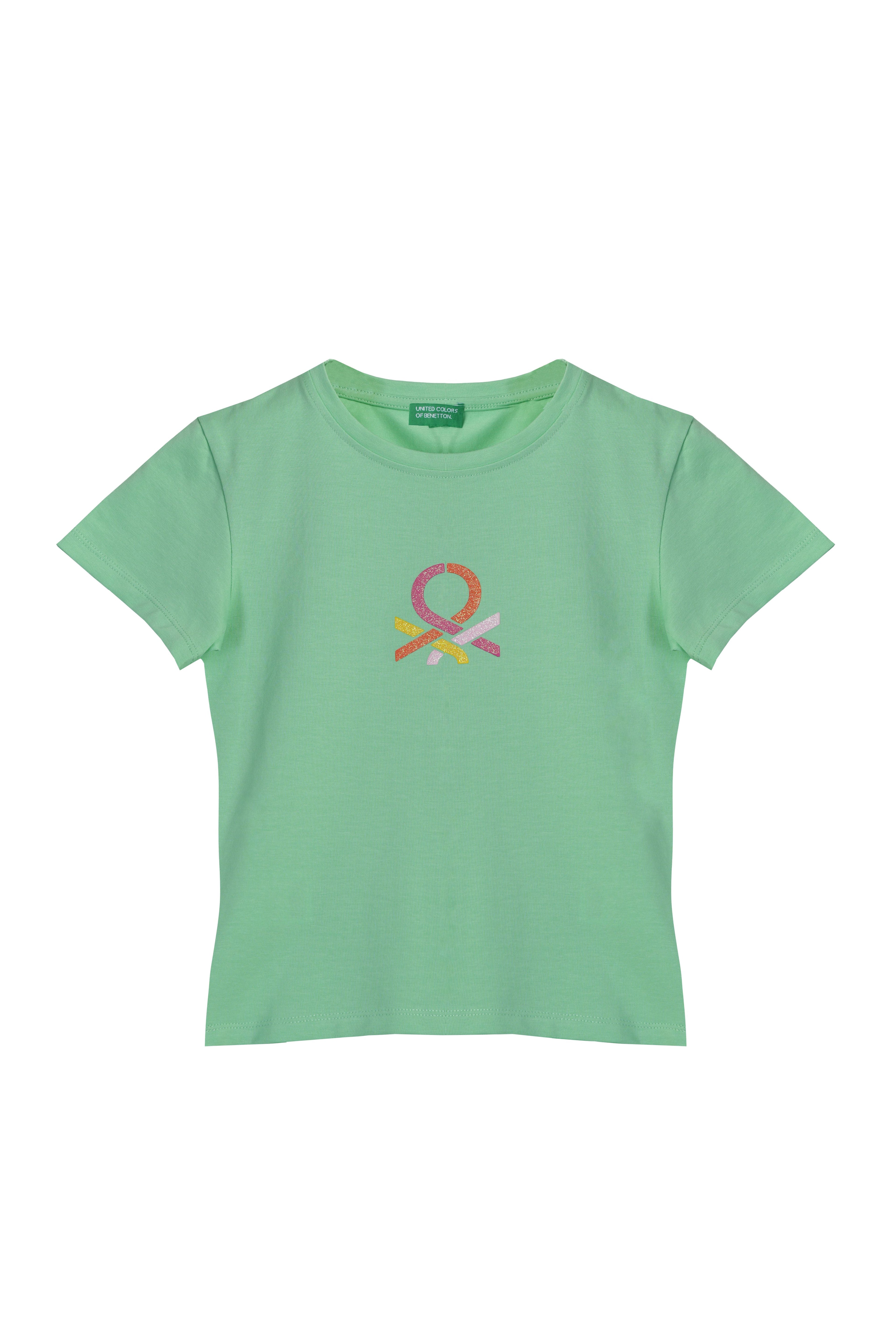 Benetton Parıltılı Logolu Pamuk Mint Tişört