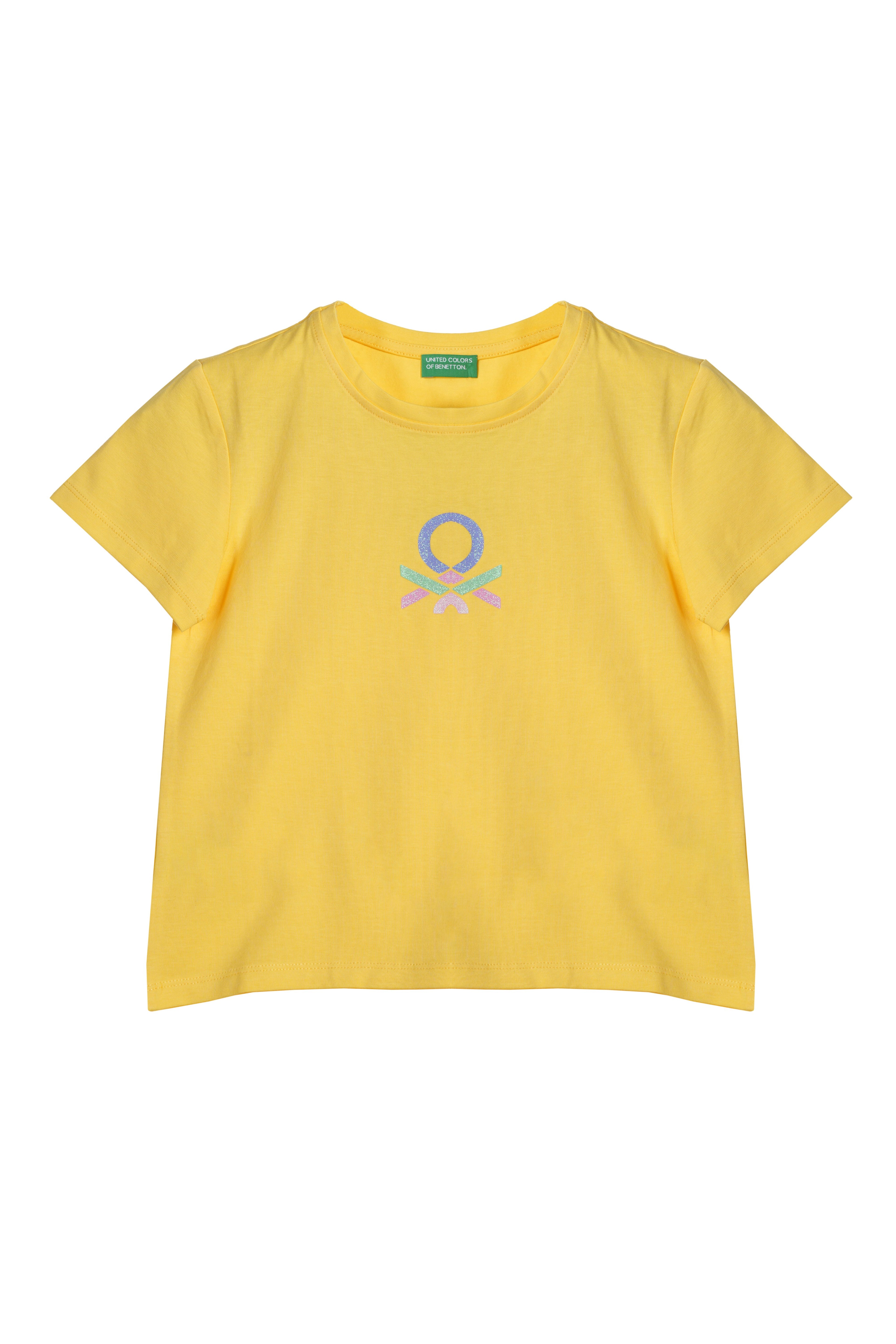 Benetton Parıltılı Logolu Pamuk Sarı Tişört