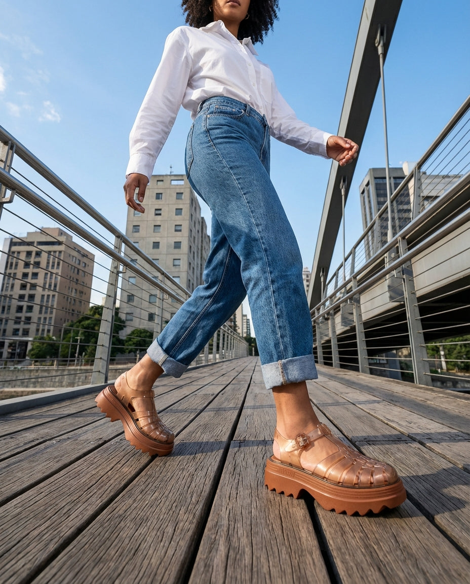 Melissa kadın platform sandalet karamel, şehir kullanımı ve denim kombinler için şık kafesli model.