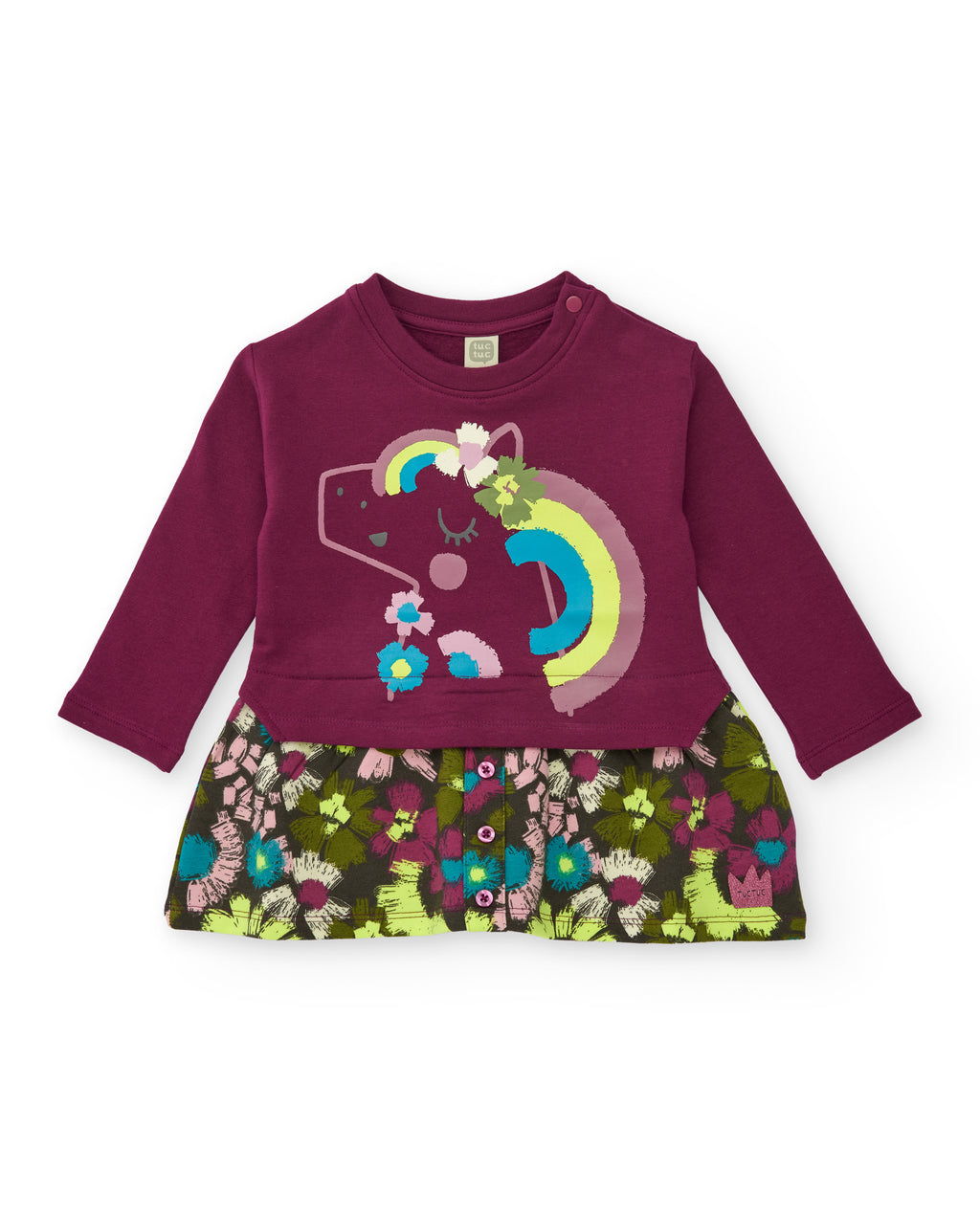 Tuc Tuc kız çocuk bordo sweatshirt elbise – unicorn baskılı ve çiçek desenli etekli