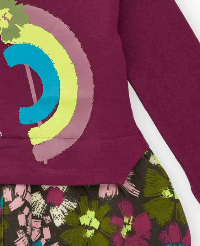 Tuc Tuc kız çocuk bordo sweatshirt elbise çiçek desenli etek düğme detayı
