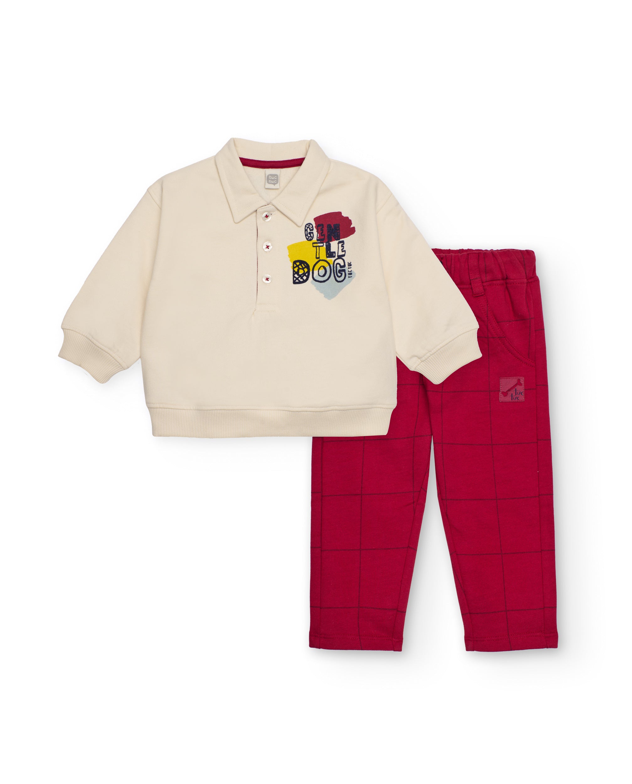 Tuc Tuc erkek çocuk ekru polo yaka sweatshirt ve bordo kareli pantolon takımı – Gentle Dog baskılı