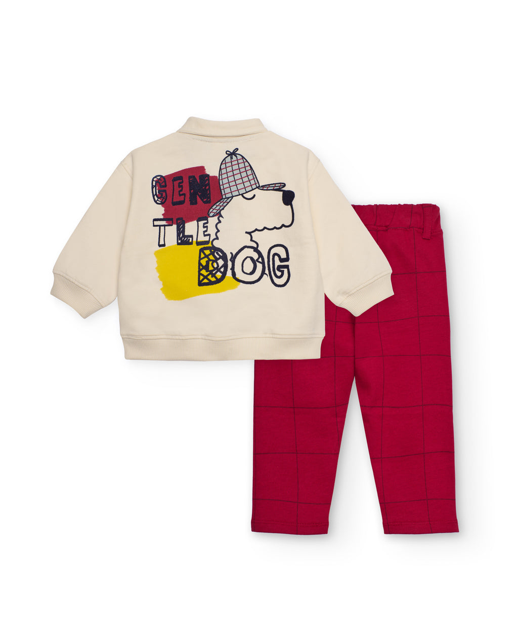Tuc Tuc erkek çocuk Gentle Dog baskılı ekru sweatshirt arka görünüm ve bordo pantolon