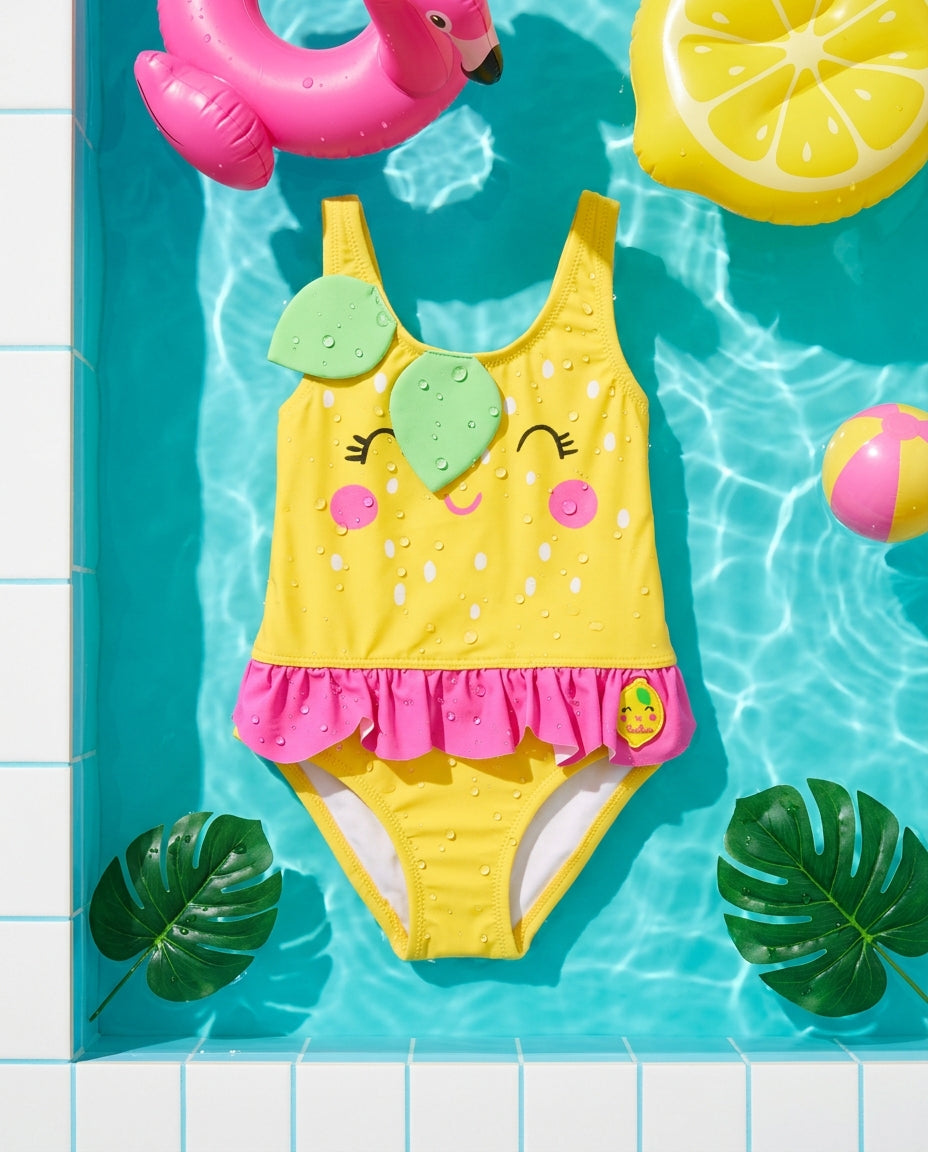 Tuc Tuc Kız Çocuk Limon Desenli Tek Parça Mayo - Fırfırlı (2-10 Yaş)