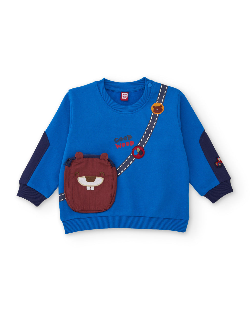 Takımın mavi sweatshirti önden; kunduz yüzlü çanta cebi, Good Wood baskısı ve yol şeridi görünüyor.