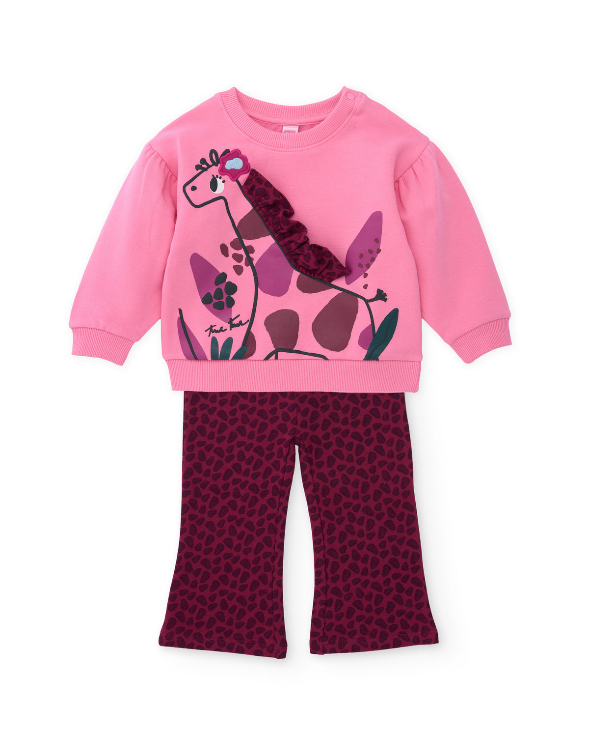 Tuc Tuc pembe 3D yeleli zürafa figürlü sweatshirt ve leopar desenli tayt takım önden görünüyor.