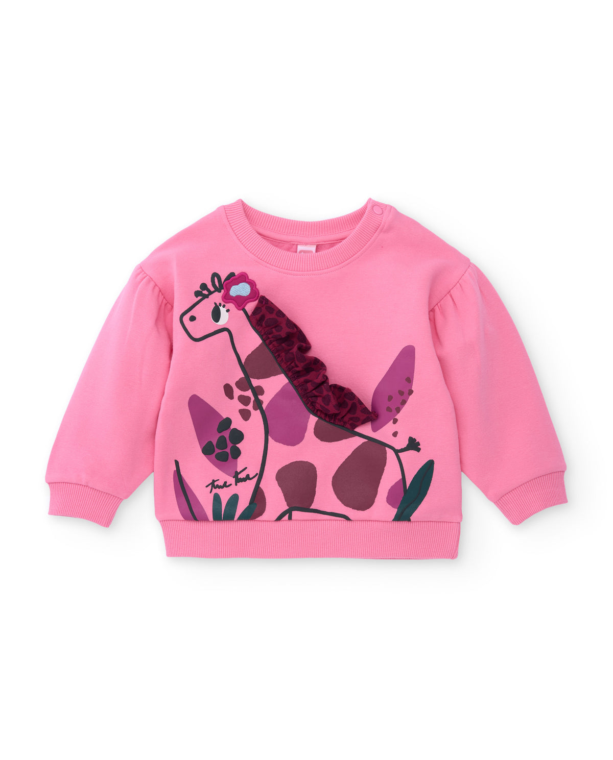 Takımın pembe sweatshirti önden; zürafa baskısı ve zürafanın 3D fırfırlı bordo yelesi görünüyor.