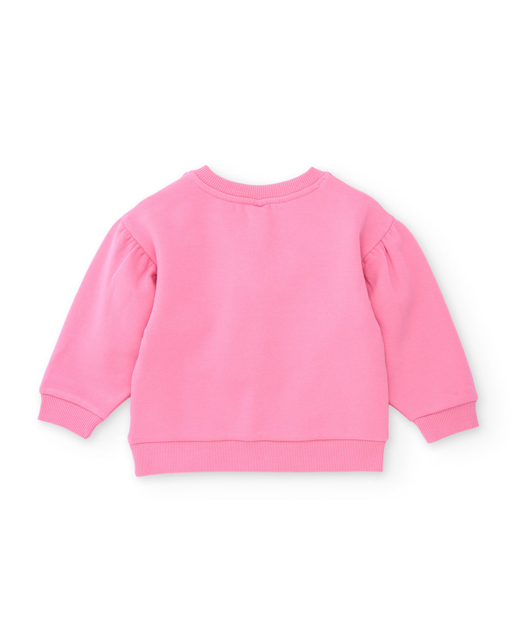 Zürafa baskılı pembe sweatshirtin düz arkası; balon kollar ve ribana etek ucu net seçiliyor.