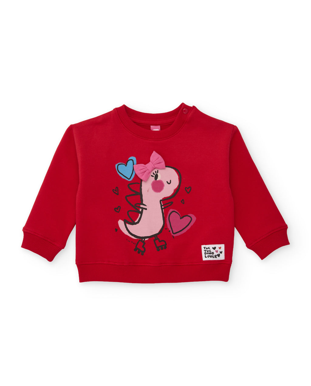 Takımın kırmızı sweatshirti önden; fiyonklu, paten giymiş pembe dinozor baskısı ve Dino Lover etiketi görünüyor.