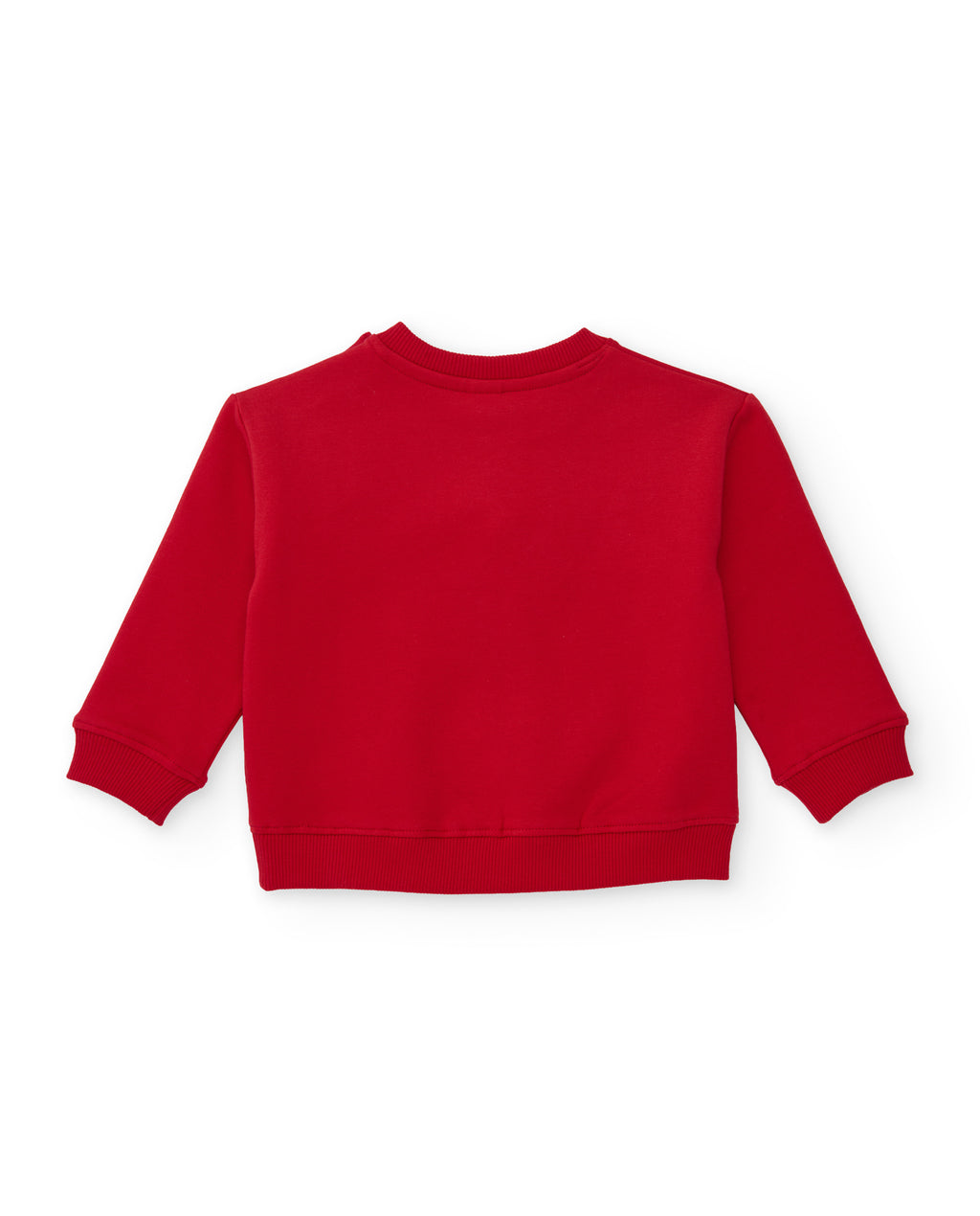 Takımın sweatshirti arkadan; düz kırmızı yüzey, ribana yaka, kol ucu ve etek ucu net şekilde seçiliyor.