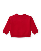 Takımın sweatshirti arkadan; düz kırmızı yüzey, ribana yaka, kol ucu ve etek ucu net şekilde seçiliyor.
