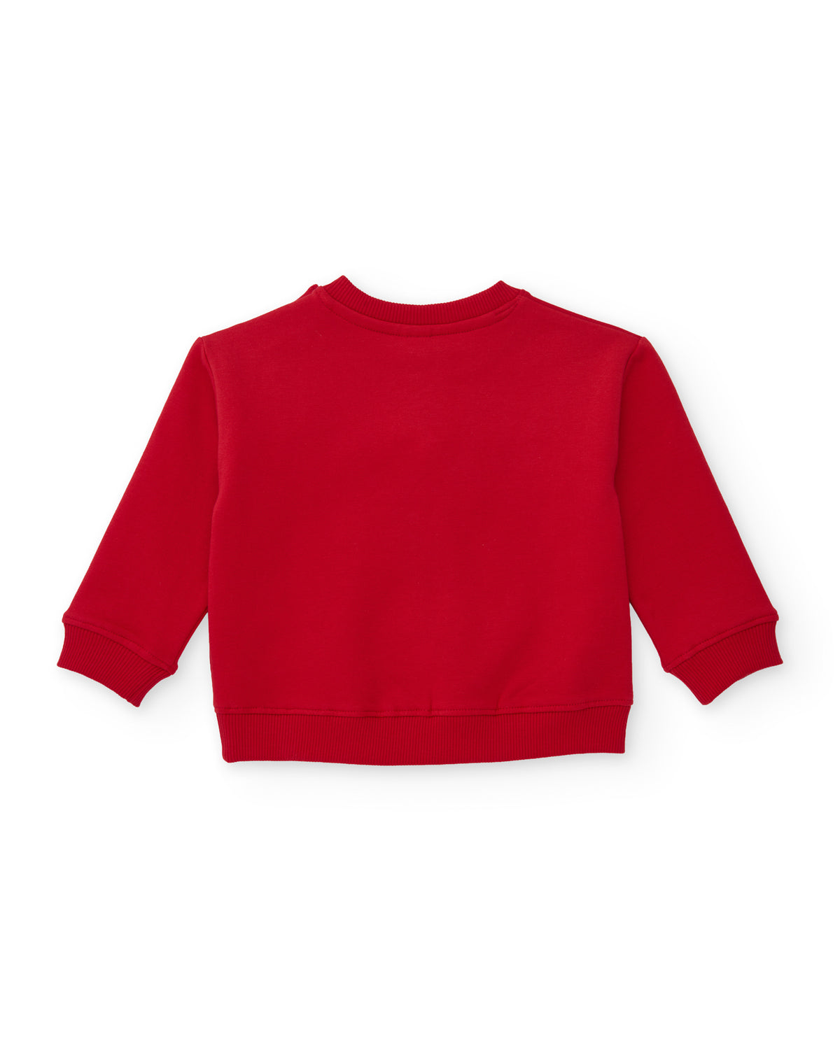 Takımın sweatshirti arkadan; düz kırmızı yüzey, ribana yaka, kol ucu ve etek ucu net şekilde seçiliyor.