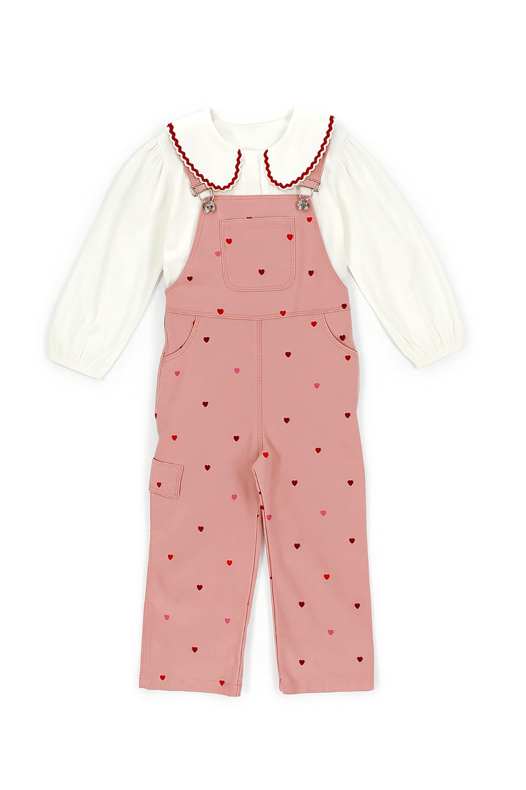 Patique SweetHearts Denim Salopet Set – Yumuşak Denim + Scallop Yakalı Gömlek