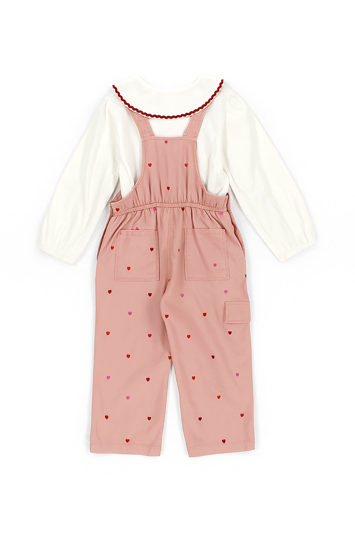 Patique SweetHearts Denim Salopet Set – Yumuşak Denim + Scallop Yakalı Gömlek