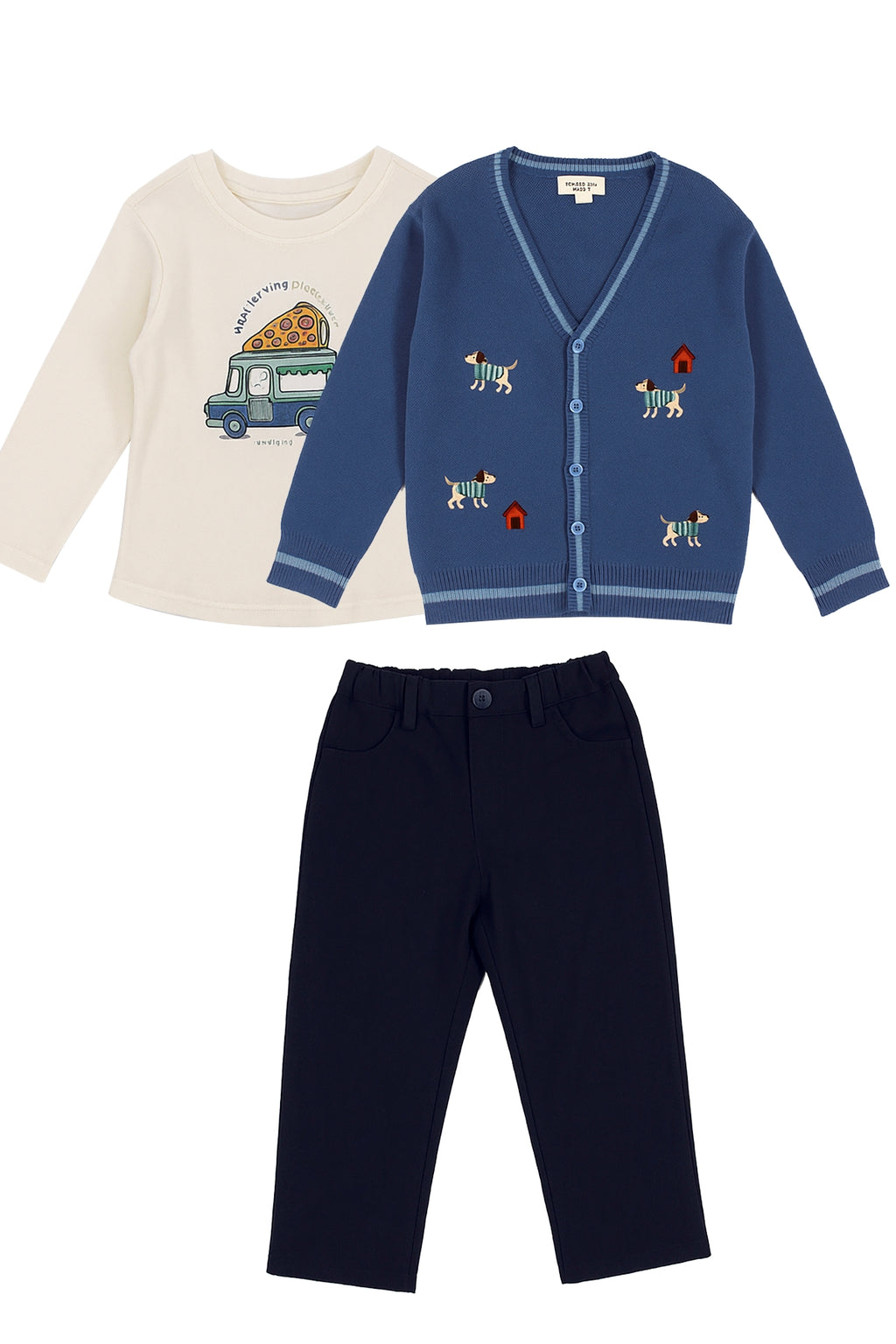 Patique Organik Pamuk Puppy Dreams 3’lü Set – (Nakışlı Hırka + T-Shirt + Gabardin Pantolon)