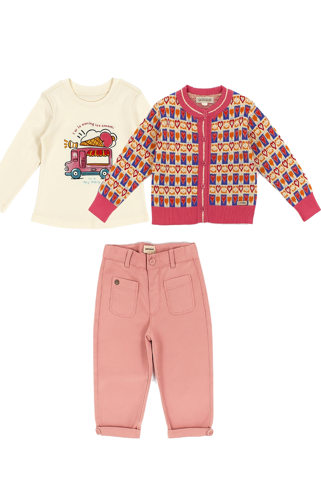 Patique Organik Pamuk Lovely Hearts 3’lü Kız Seti – (Triko Hırka + Ultra Soft Denim + T-Shirt)