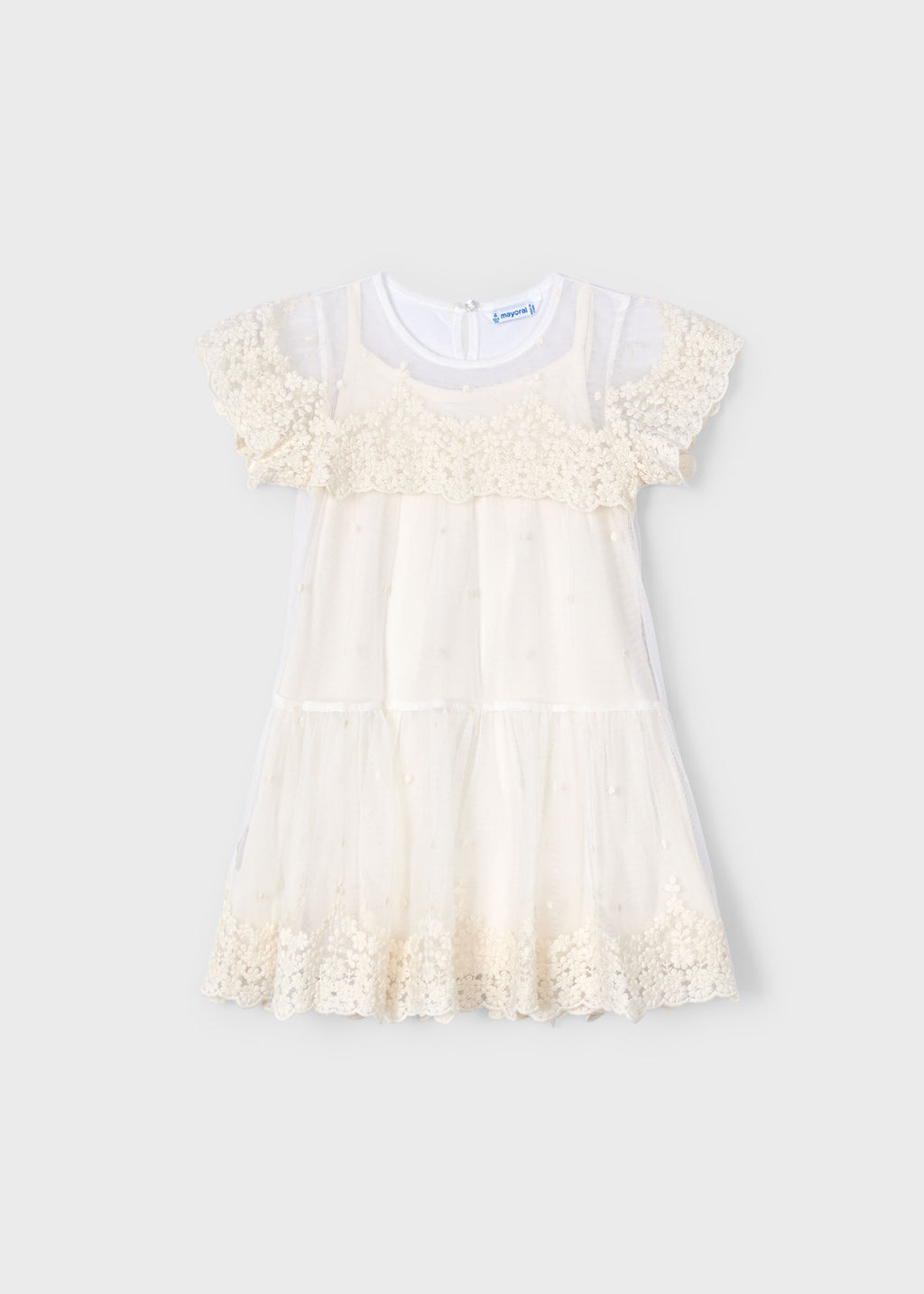 Mayoral 3909 Kız Çocuk Çiçek İşlemeli Krem Tül Elbise - Riki Baby&Kids