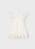 Mayoral 3909 Kız Çocuk Çiçek İşlemeli Krem Tül Elbise - Riki Baby&Kids