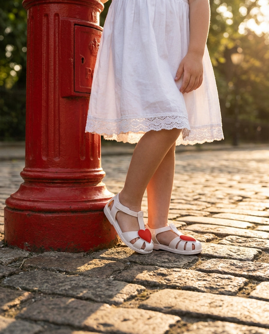 Beyaz Elbise ile Kombinlenmiş Mini Melissa Hip Heart Beyaz Sandalet - Kırmızı Posta Kutusu Temalı Çocuk Modası