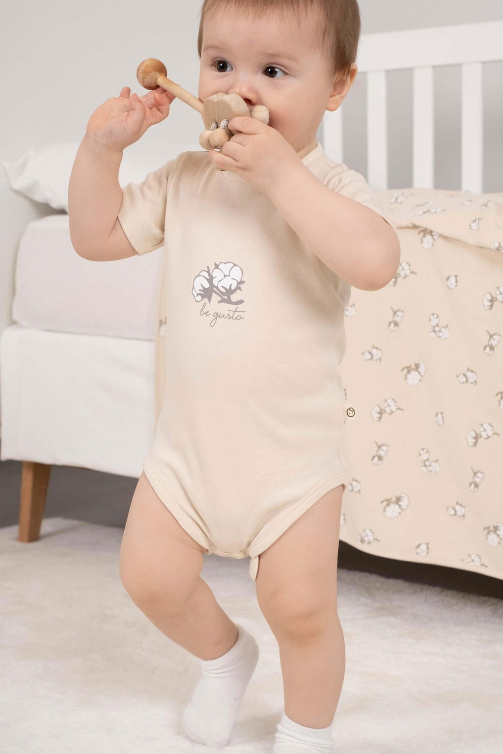 2'li Kısa Kollu Organik Pamuk Bebek Body Seti Küçük Pamuk Desenli - Riki Baby&Kids