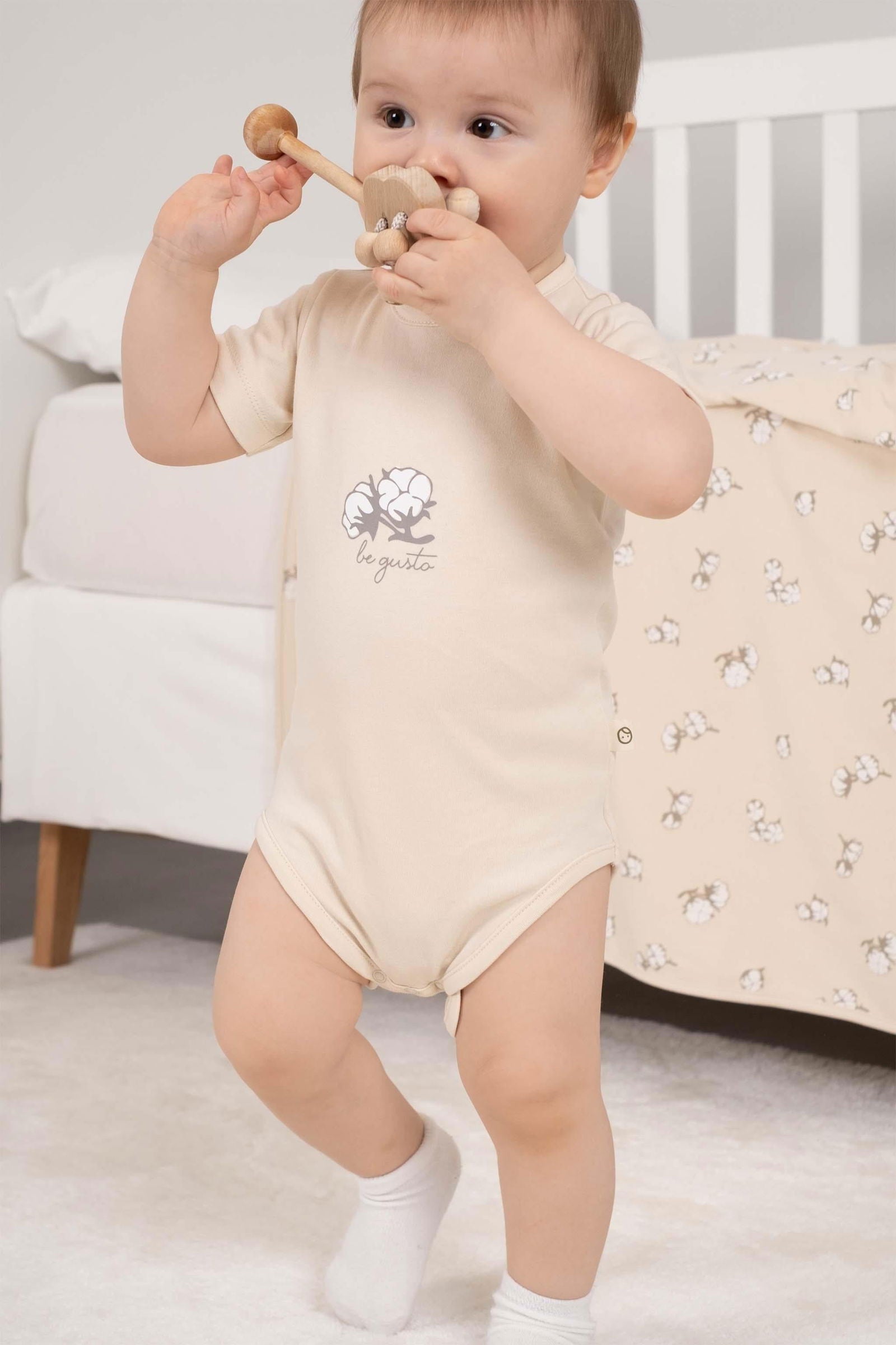 2'li Kısa Kollu Organik Pamuk Bebek Body Seti Küçük Pamuk Desenli - Riki Baby&Kids