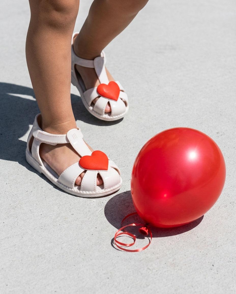 Beyaz Mini Melissa Hip Heart Kız Çocuk Sandaleti - Kırmızı Kalp Aplikeli ve Balonlu Yazlık Konsept