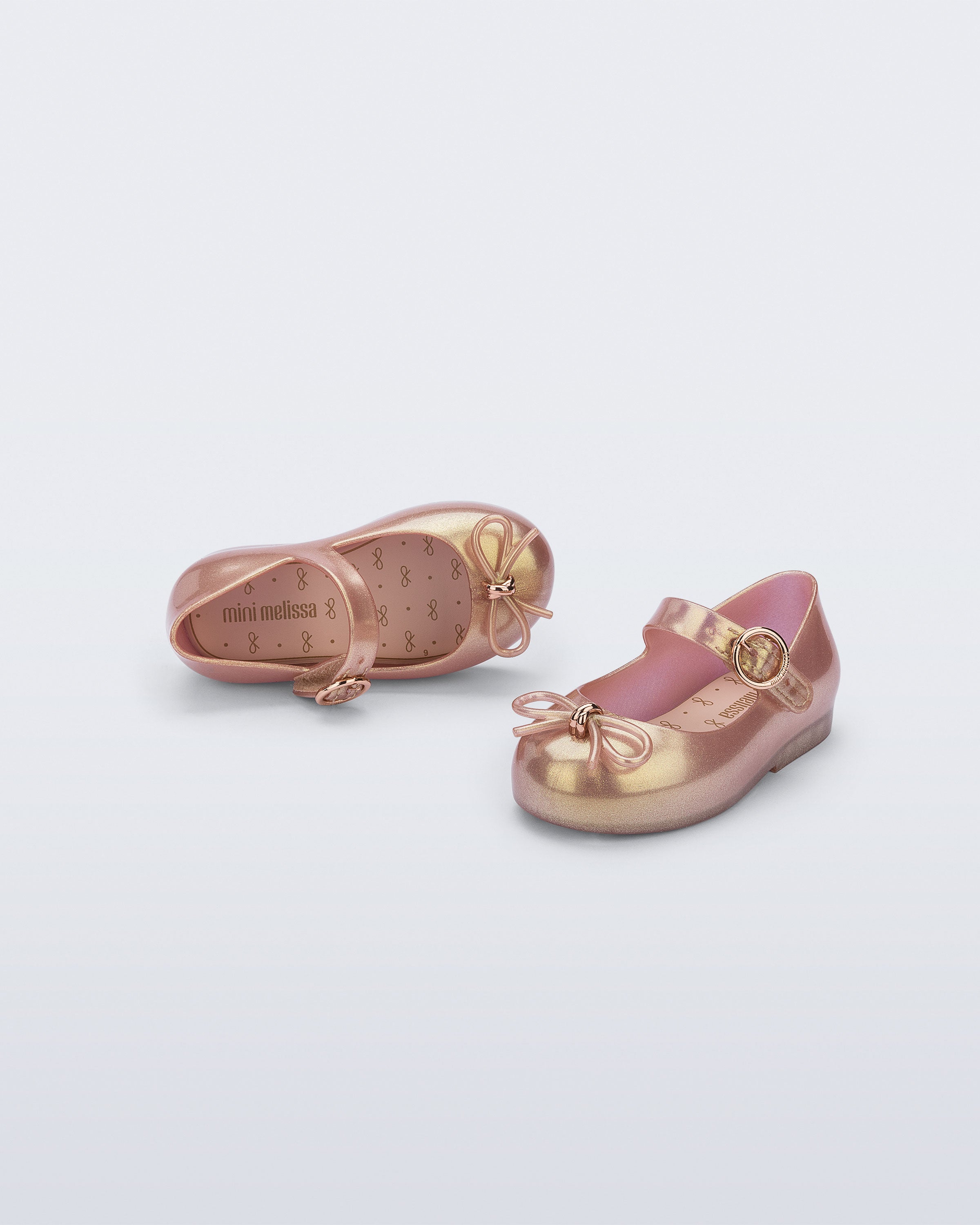 Mini Melissa Sweet Love simli gold pembe kız çocuk babet ön görünüm