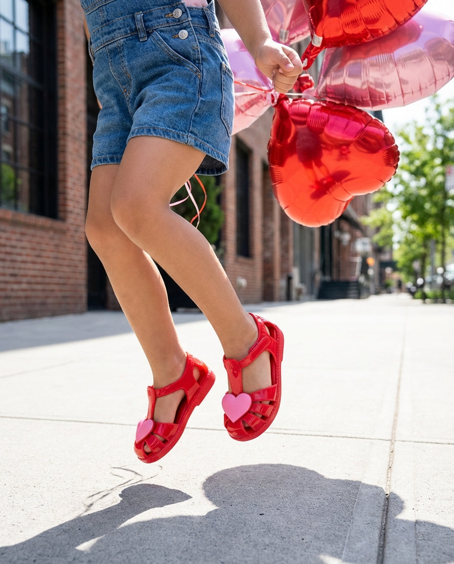 Kalpli Balonlar ile Kırmızı Mini Melissa Hip Heart Sandalet Giyen Kız Çocuğu - Kot Şortlu Yazlık Kombin