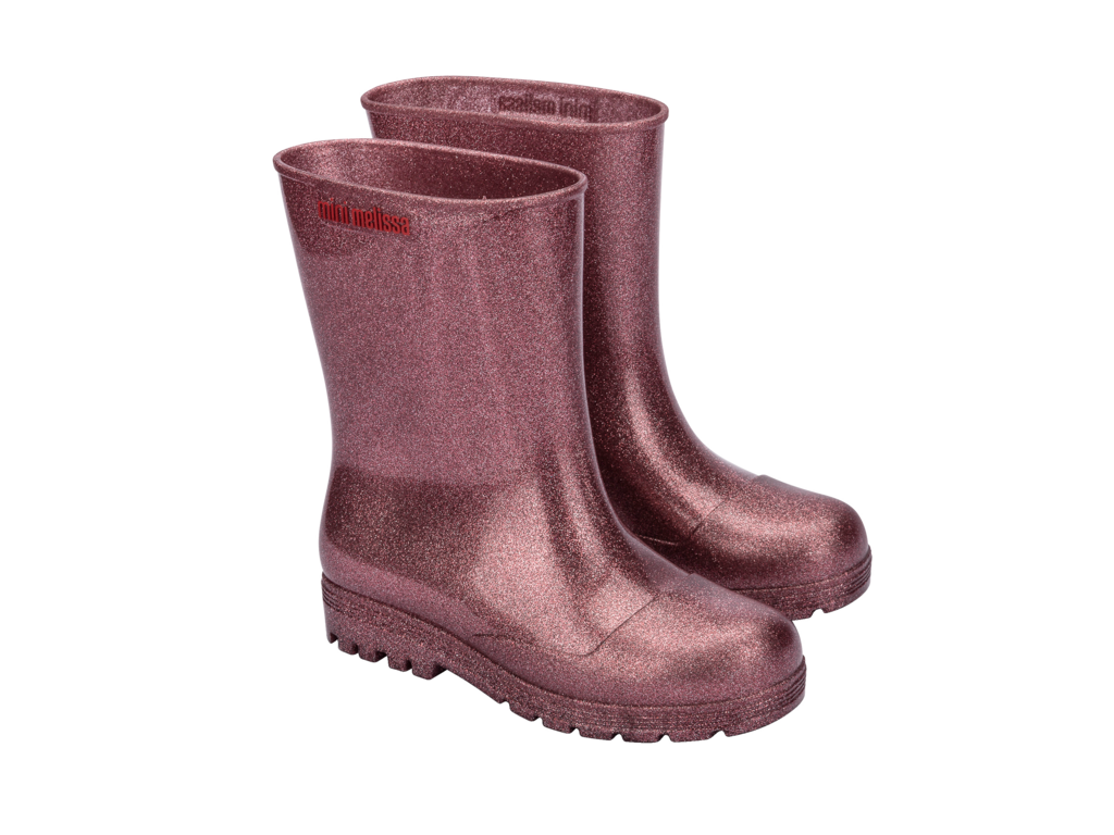 Glitter pembe Mini Melissa çocuk çizmesi – yağmurlu günler için su geçirmez ve kaymaz tabanlı