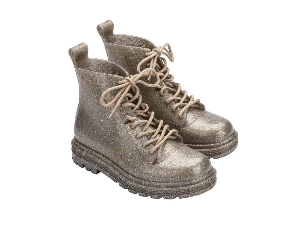 Mini Melissa Coturno INF yeşil ışıltılı çocuk bot, bağcıklı combat boot tarzı, şık ve rahat kışlık ayakkabı