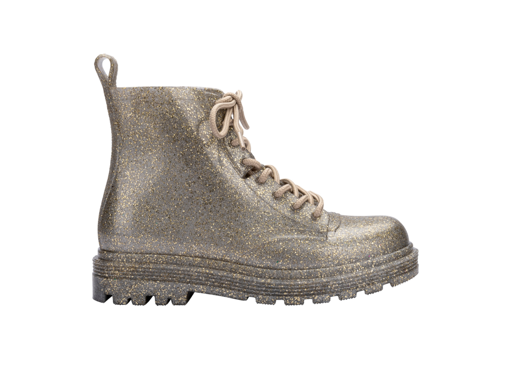 Mini Melissa Coturno INF pearly green combat boot, parlak ve simli görünüm, modern tasarım