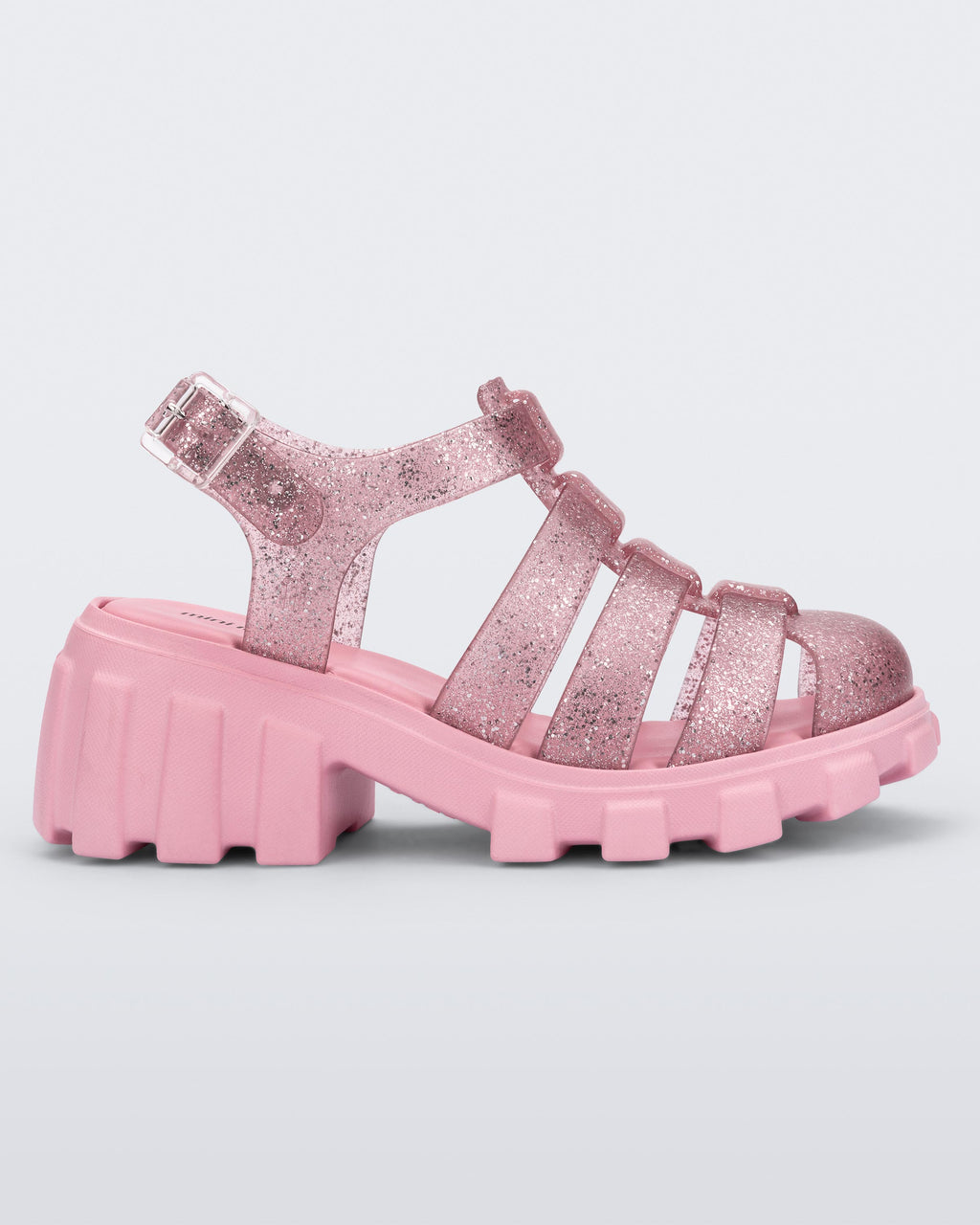 Mini Melissa Megan chunky kalın tabanlı simli pembe renkli fisherman stili kız çocuk sandaleti profilden görünüm