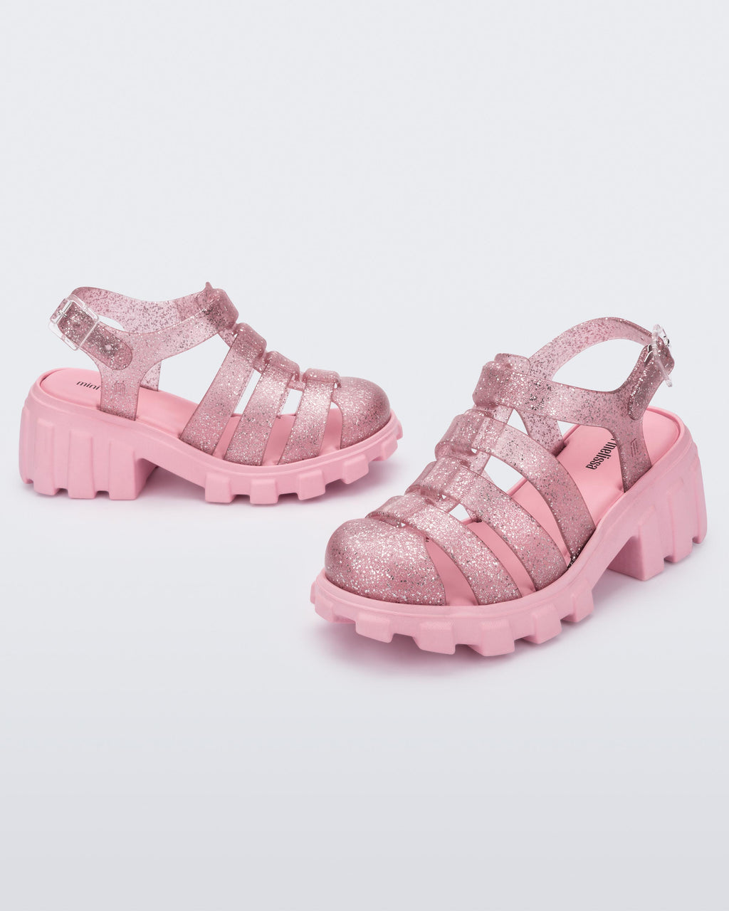 Vegan Melflex dokulu Mini Melissa simli pembe chunky taban çocuk sandaleti çapraz açı