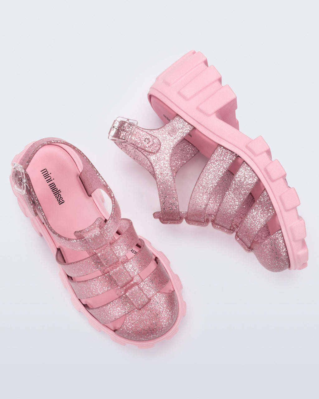 Mini Melissa Megan simli pembe kız çocuk ayakkabısı üstten görünüm ve snap kapama detayı