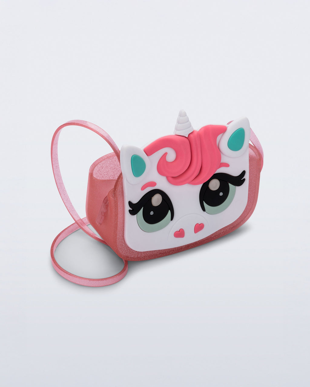 Mini Melissa Dreamy Uni Bag simli pembe renkli 3D figürlü kız çocuk omuz çantası çapraz görünüm