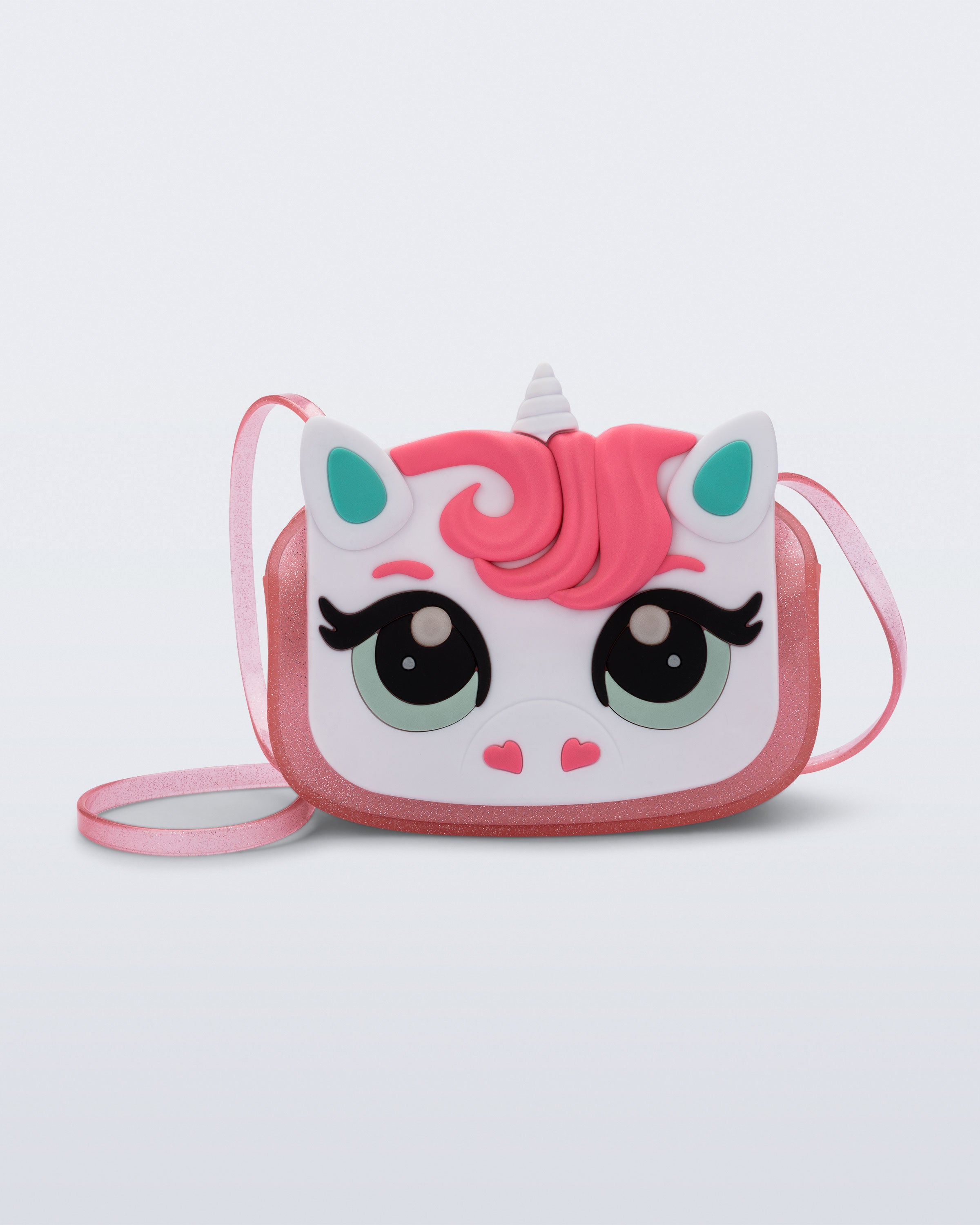 Mini Melissa simli pembe unicorn çocuk çantası ön yüzeyi, büyük gözler ve parlak doku