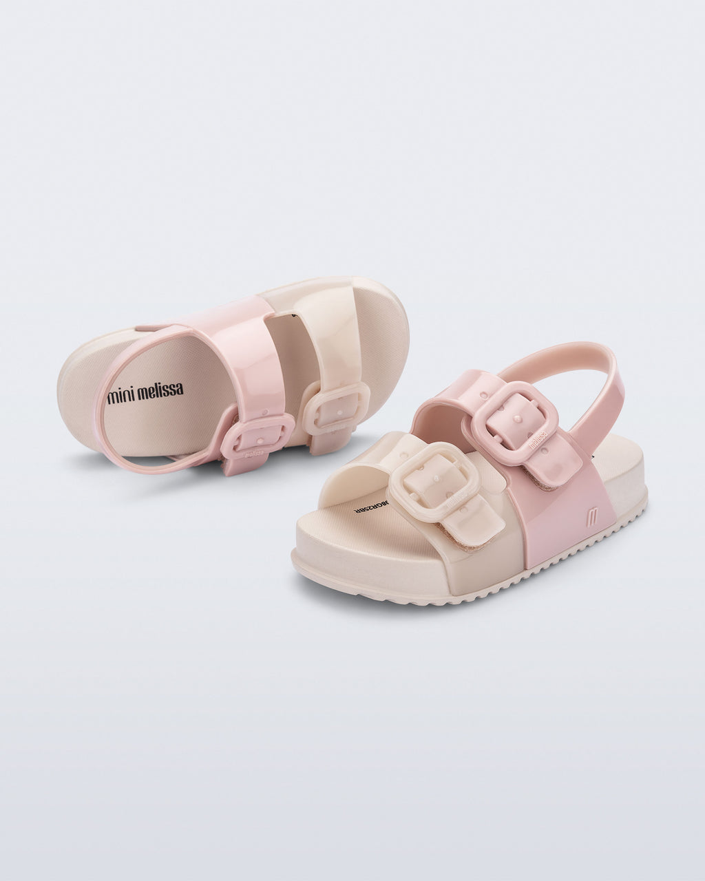Mini Melissa Cozy pudra krem sandalet çifti, 22-30 numara arası anatomik kız çocuk ayakkabısı, yumuşak Melflex taban ve arka bantlı güvenli tasarım.