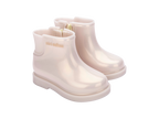 Mini Melissa Chelsea Boot II BB bej çift bot görünümü, parlak yüzey, konforlu EVA taban, çocuklar için zarif chelsea bot modeli
