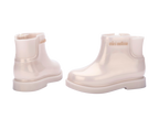 Mini Melissa Chelsea Boot II BB bej bot, arka ve ön görünüm, esnek taban, günlük ve özel kombinler için uygun