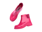 Mini Melissa Chelsea Boot II INF pembe çocuk botu – üstten ve yandan görünüm, parlak pembe su geçirmez tasarım