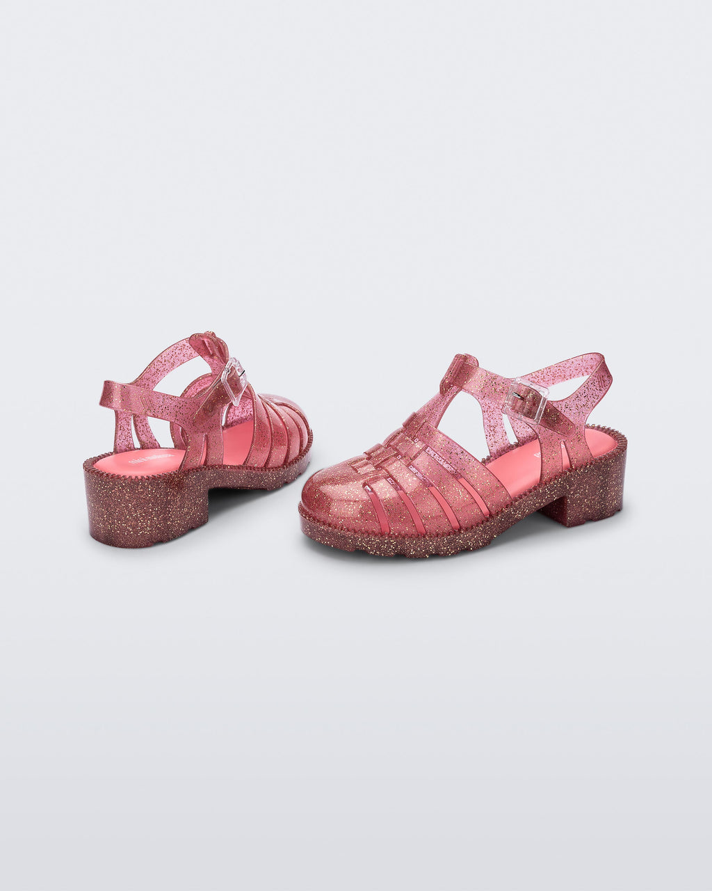 Mini Melissa Possession Heel Infantil simli pembe taban ve topuk yapısı