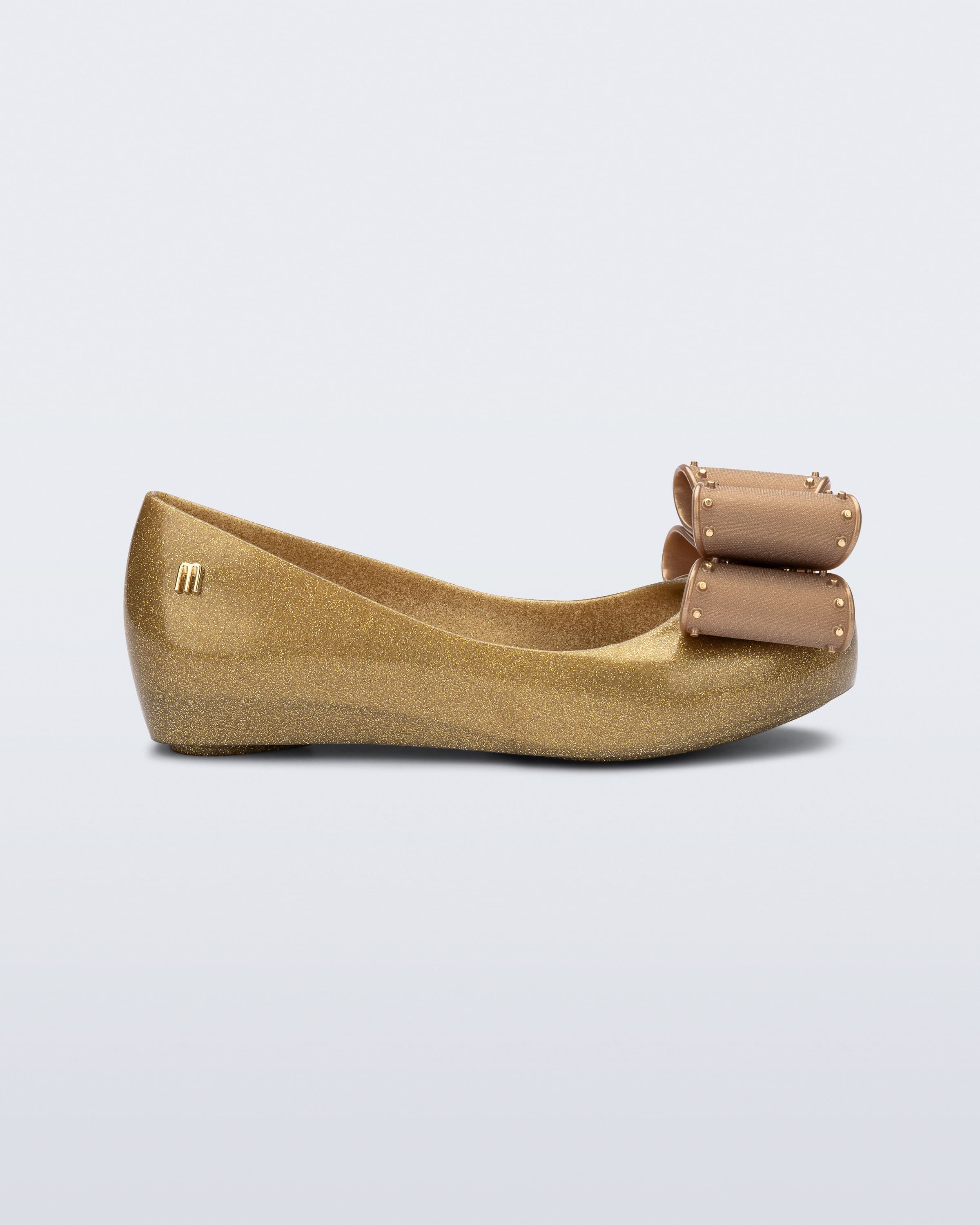 Mini Melissa Ultragirl Classic Bow altın büyük kız çocuk zarif babet yan profil, mezuniyet özel gün modeli