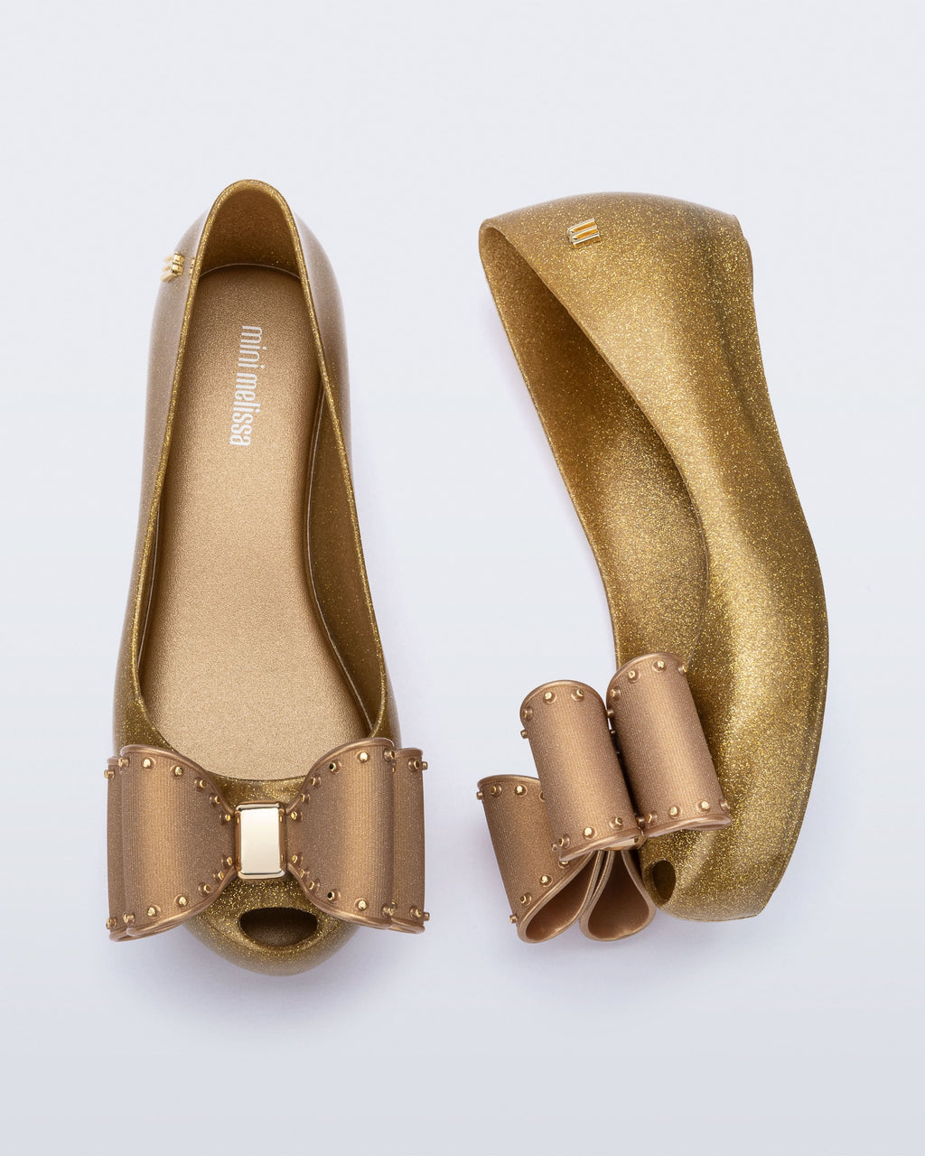 Mini Melissa Ultragirl Classic Bow altın simli kız çocuk babet, fiyonk detaylı özel gün ayakkabısı Melflex