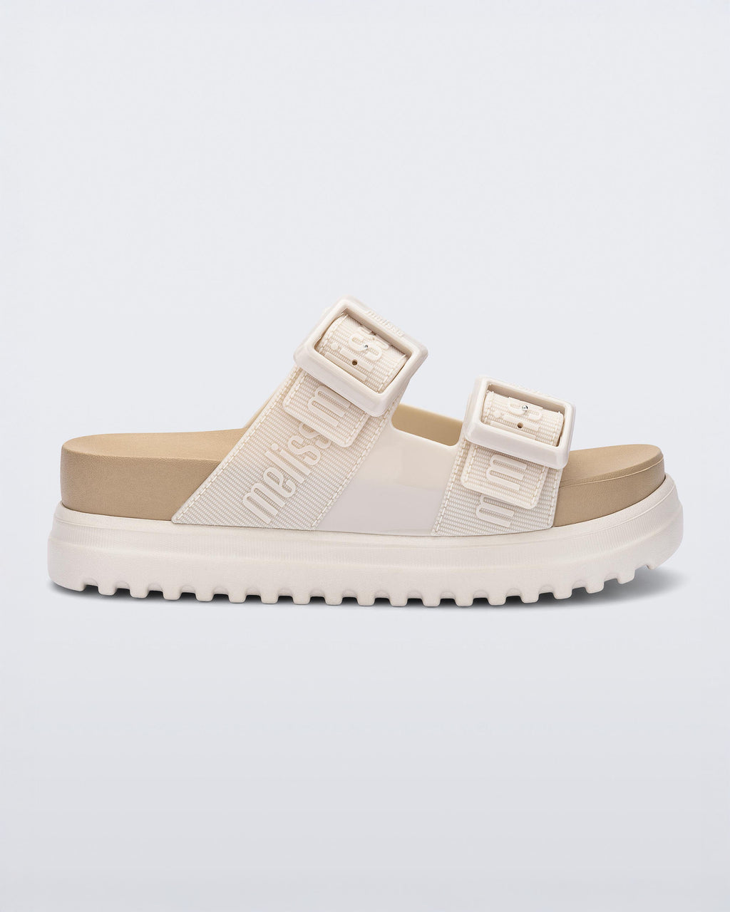 Melissa Cozy M-Lover Platform bej kadın sandal yan profil – traktör taban ve yüksek platform.