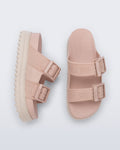 Logolu geniş bantları ve dokulu EVA iç tabanıyla Melissa Cozy M-Lover pudra pembe kadın platform terlik üstten görünüm