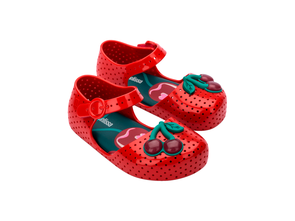 Mini Melissa Furadinha Cherry BB kırmızı bebek ve çocuk ayakkabısı – önden görünüm, kiraz süslemeli, günlük kullanıma uygun rahat mode
