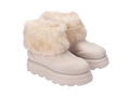 Melissa Warm Boot bej kadın kışlık bot – çift açıdan önden görünüm, yumuşak kürklü üst kısım ve dalgalı taban detayı ile sıcak ve şık tasarım.